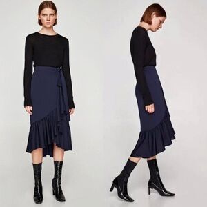 Navy wrap midi skirt with ruffle hem